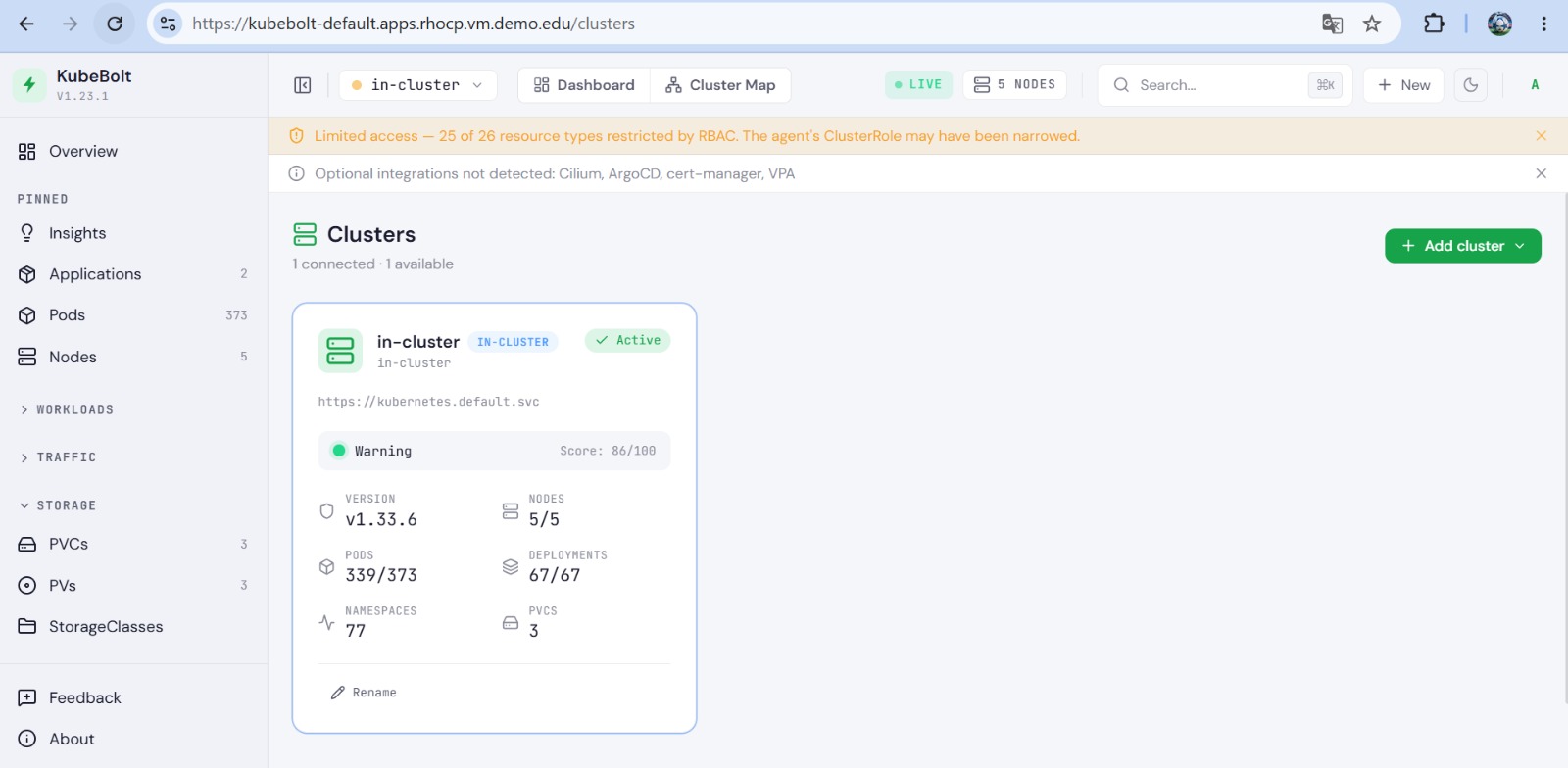 KubeBolt showing the in-cluster OpenShift cluster in Active state