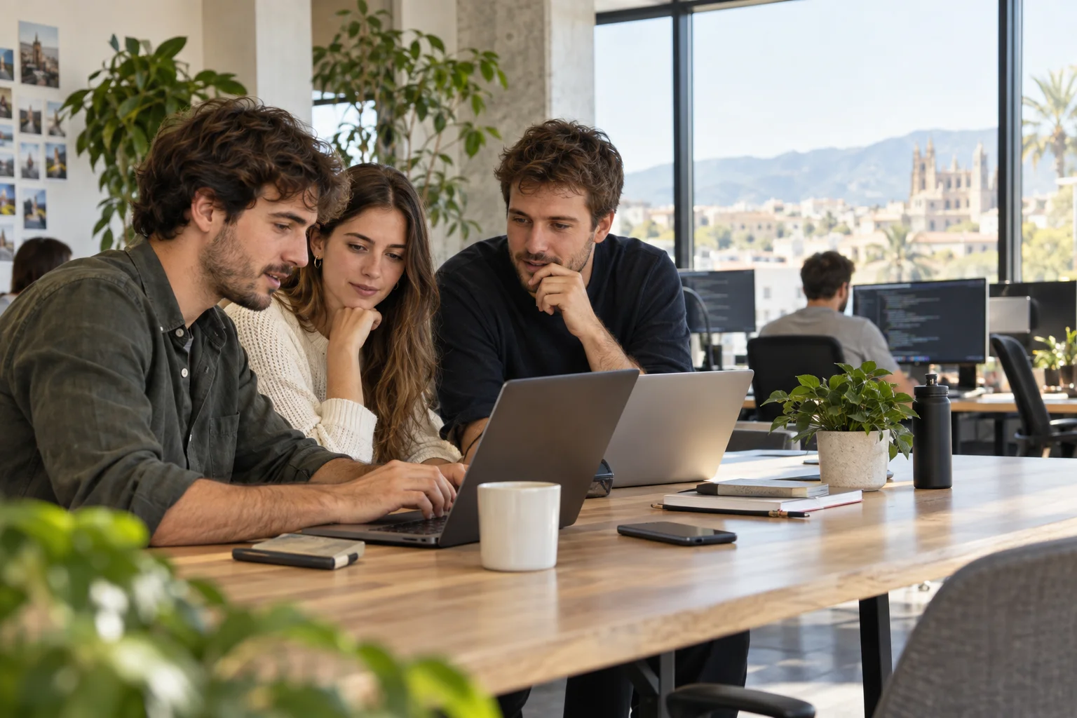 Equipo joven colaborando con portátiles en una oficina tecnológica
